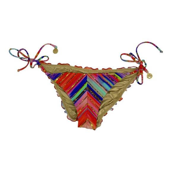 Luli Fama Bellamar Wavy Ruched Back Side Tie Bikini Bottom Size Large Pink Gold - Picture 1 of 4